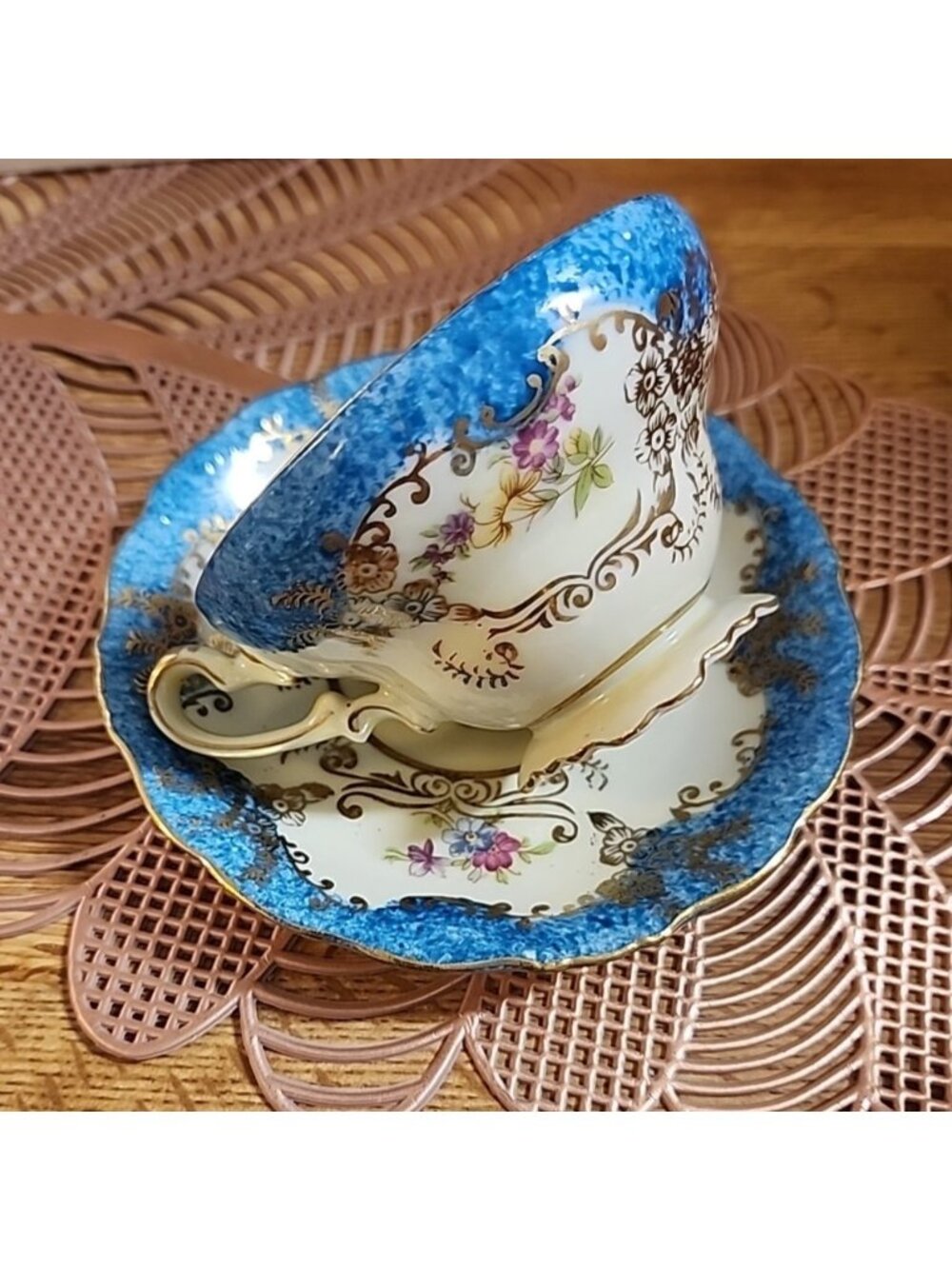 Saji Fancy Fine China Turquoise Blue & Gold Wide Footed Cup & Saucer Set Japan